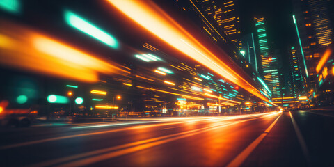 Wall Mural - city's vibrant nightscape with motion blur. light trails streak through the urban expanse, casting a