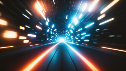 Wall Mural - futuristic car motion trails, light trails on a highway. speed light streaks create a dynamic backgr