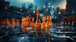 Mystery and magical minimal chess theme scene for marketing background with deep orange color and a little touch of ice blue colors, dark theme