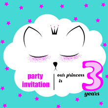 Vector Invitation Card For A 3 Year Old Girl's Birthday Party. Magic Sleeping Cat On A Blue Background With Pink Stars