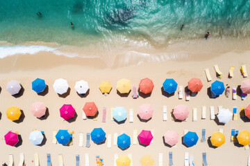 Wall Mural - Aerial view of tropical beach with colorful umbrellas