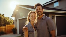 Happy Young Couple Standing In Front Of New Home. Husband And Wife Buying New House. Generative AI