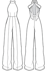 Canvas Print - halterneck jumpsuit design flat sketch fashion illustration with front and back view, Sleeveless overall jumpsuit wraparound blazer dress with flare wide leg pant drawing vector template.