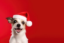 Cute Dog Wearing Santa Hat On Red Background, AI Generated