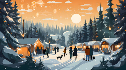 Wall Mural - Christmas Fair winter city park flat design illustration