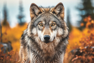 Poster -  A captivating shot of a wolf in the wilderness, showcasing its piercing eyes and wild, untamed beauty.  Generative AI technology.