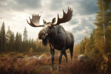 Aufkleber - An imposing photograph of a moose, showcasing its massive size and impressive antlers.  Generative AI technology.