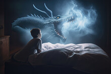 A Boy Watches A Large Dragon Fly In The Bedroom In The Smoke Next To The Bed. Generative AI