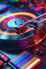 Fototapete -  A close-up shot of a DJ's turntable, capturing the intricate details of vinyl spinning and needle touching the record.  Generative AI technology.