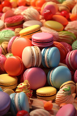 Poster -  A display of assorted macarons in vibrant colors and flavors, highlighting the confectioner's expertise in creating delicate and flavorful French pastries. Generative AI technology.
