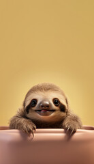 Poster - Cute sloth with happy positive smiling expression. Copy space above. Generative AI