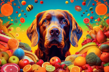 Poster - An abstract digital collage representing a pet nutritionist using vibrant colors and abstract shapes to depict healthy food and animals.   Generative AI technology.