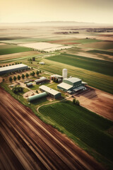 Poster - An aerial shot of a vast agricultural farm, showcasing neatly arranged rows of crops, farm equipment, and barns, representing the scale of modern farming.  Generative AI technology.