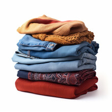 Stack Of Clothing Jeans And Sweaters On A White Background