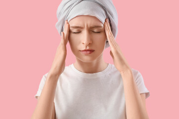 Sticker - Teenage girl after chemotherapy suffering from headache on pink background, closeup