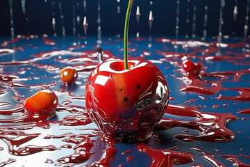Aufkleber - An abstract surreal photograph of a Cherry splashed in bright paint, symbolizing freshness and health.  Generative AI technology.