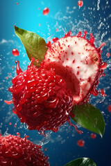 Poster - An vibrant image of a Lychee splashed in bright paint, symbolizing freshness and health. Generative AI technology.
