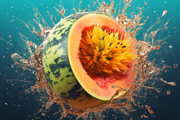 Poster - An abstract surreal photograph of a Cantaloupe splashed in bright paint, symbolizing freshness and health.  Generative AI technology.