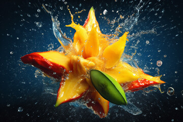 Poster - An abstract surreal photograph of a Star fruit splashed in bright paint, symbolizing freshness and health.  Generative AI technology.