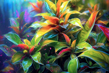 Aufkleber - An abstract surreal photograph of a Ayahuasca analog plants (Psychotria viridis, Diplopterys cabrerana) splashed in bright paint,  Generative AI technology.