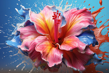 Leinwandbilder - An abstract surreal photograph of a Hawaiian woodrose (Argyreia nervosa) splashed in bright paint,  Generative AI technology.