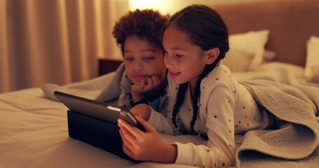 Sticker - Children, streaming and video on tablet on bed for comedy or entertainment in home at night. Kid, together and watching animation film with tech or gaming, online app in bedroom for smile or bond.