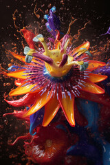 Fototapete - An vibrant image of a Passionflower (Passiflora incarnata) splashed in bright paint,  Generative AI technology.