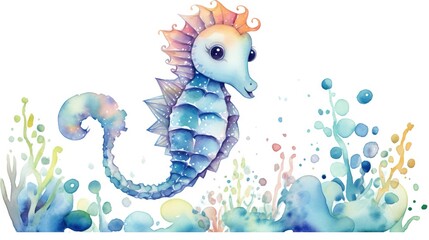 Sticker -  a watercolor painting of a seahorse in the ocean.  generative ai