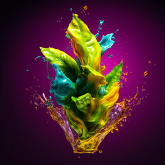 Fototapete - An abstract surreal photograph of a Basil splashed in bright paint.  Generative AI technology.