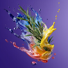 Fototapete - An abstract surreal photograph of a Rosemary splashed in bright paint.  Generative AI technology.