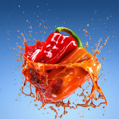 Fototapete - An abstract surreal photograph of a Cayenne pepper splashed in bright paint.  Generative AI technology.