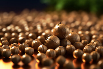 Poster - A close-up shot of coriander seeds, featuring their round shape and golden-brown color. Generative AI technology.