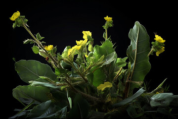 Fototapete - An artistic photo of Wild lettuce (Lactuca virosa), with its tall, leafy stalks, small yellow flowers, and potential sedative and pain-relieving effects.  Generative AI technology.