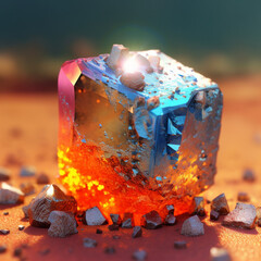 Poster - An abstract surreal photograph of a Pyrite splashed in bright paint.  Generative AI technology.