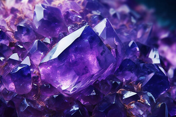 Fototapete - A close-up shot of Amethyst, showcasing its violet or purple color, translucent appearance, and beautiful crystal formations.  Generative AI technology.