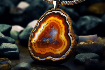 Leinwandbilder - An artistic photo of a bohemian-style pendant necklace featuring a large slice of Agate gemstone, showcasing its natural patterns and earthy tones.  Generative AI technology.