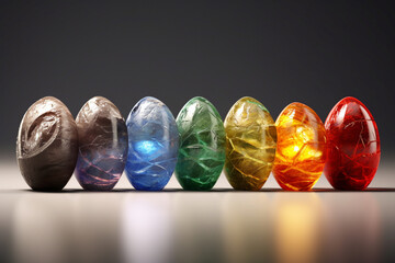 Fototapete - A photo showcasing a set of gemstone chakra stones, each representing a different energy center in the body, used for balancing and healing practices. Generative AI technology.