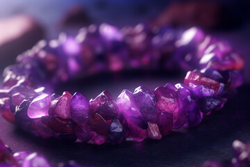 Aufkleber - A close-up shot of a beaded bracelet made with tiny Amethyst gemstone chips, forming a gradient of purple tones Generative AI technology.