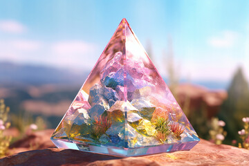 Poster - An artistic photo of a crystal pyramid, made of Clear Quartz or other gemstones, used for energy amplification, intention-setting, Generative AI technology.