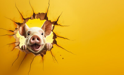 Poster - Pig with shocked surprised, smiling expression peeking through hole in cracked wall hole. Banner with copy space side. Generative AI