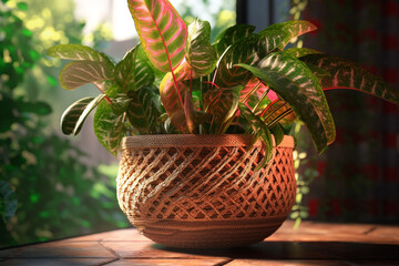 Poster - A photo showcasing a woven plant basket, designed to hold potted plants, featuring a natural finish and openwork patterns that allow for proper airflow and drainage. Generative AI technology.