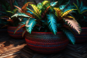 Poster - A photo showcasing a woven plant basket, designed to hold potted plants, featuring a natural finish and openwork patterns that allow for proper airflow and drainage. Generative AI technology.