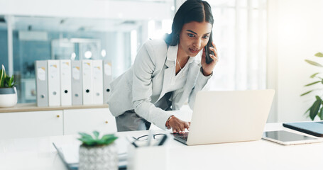 Wall Mural - Phone call, laptop and business woman in office for planning, discussion and communication. Corporate worker, technology and female person speaking on computer for contact, network and conversation