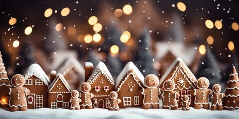 Wall Mural - Christmas gingerbread cookies in the form of dolls and houses on blurred background with lights, Generative AI