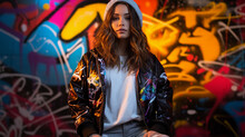 Graffiti Art - Inspired Portrait Of A Street Fashion Model, Vibrant Hues, Leather Jacket, Ripped Jeans, Sneakers