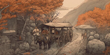 Japanese Ukiyo - E Style Illustration, Ancient Wooden Carriage On A Stone Paved Road Through A Misty Mountain, High Details, Rich Textures, Autumn Leaves, Calming, Spiritual, Serene, Traditional