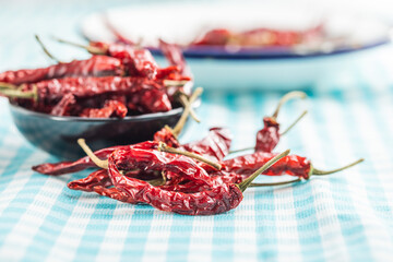 Poster - Red chili peppers on checkered tablecloth.