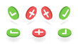 © Dream Girl - Isometric checkmark and cross mark button set. 3d tick and X icons. Yes and no X marks in green and red circles at different view angles. Vector illustration for ui, infographic, website, app use