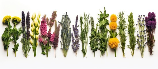 A collection of medicinal herb bunches arranged in a row is seen on a white background in a top-down