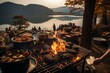 Cocinando en una cabaña con vistas a la montaña, horno de leña en la naturaleza, hotel rural en el bosque
